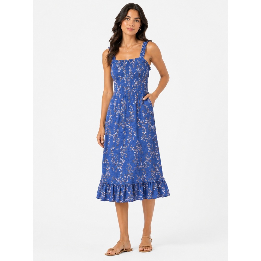 Faithfull The Brand Anthropologie Blue Floral Smocked Midi Dress Size 4